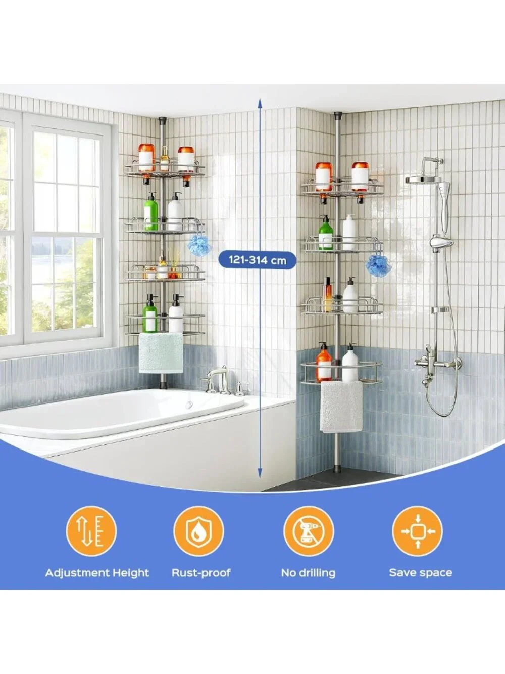 4-Tier Rustproof Shower Caddy Tension Pole - Adjustable No-Drill Bathroom